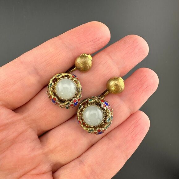 Vintage Clip-on Earrings Vermeil Gold Over Silver Cloisonne White Nephrite Jade - Picture 2 of 12